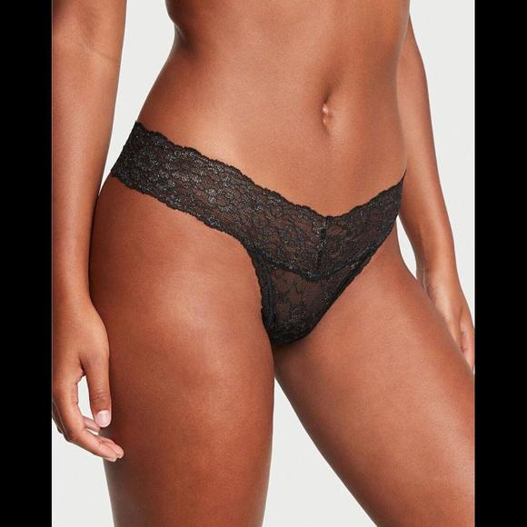 NIP Victoria's Secret LACIE Posey Lace Lace Up Thong Panty Sz M Blk/gld/shimmer - Picture 2 of 3